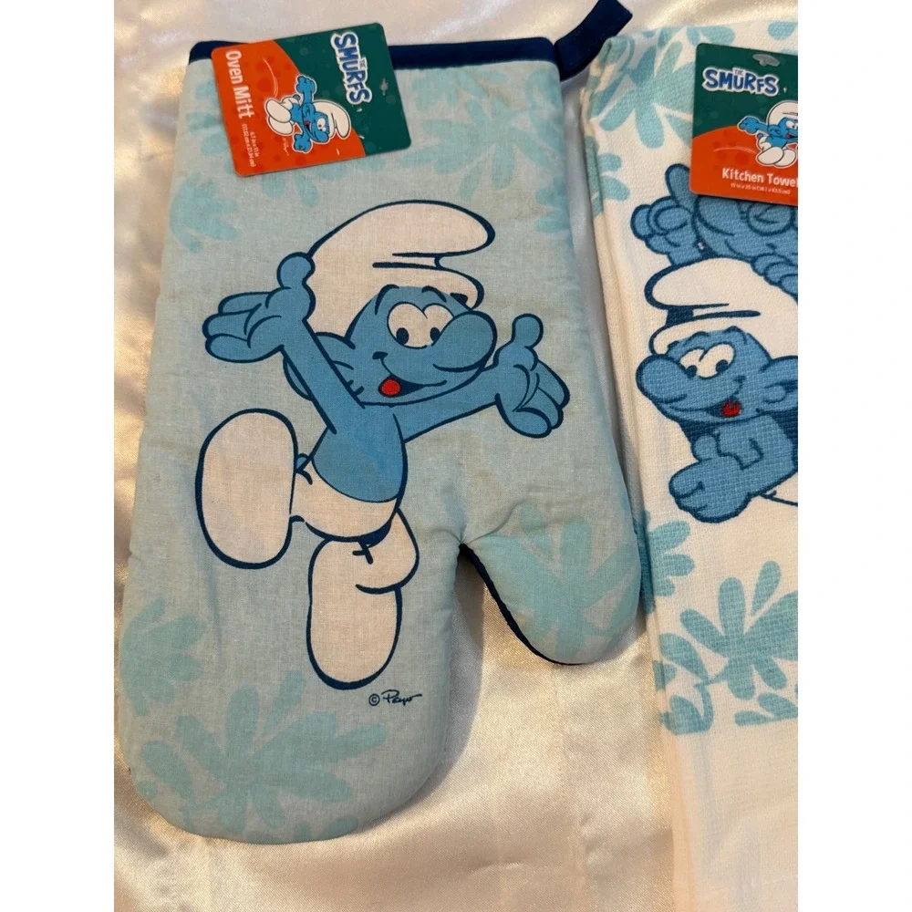 The Smurfs 3pc Kitchen Set NWT Oven Mitt Kitchen Towel Pot Holder Blue White